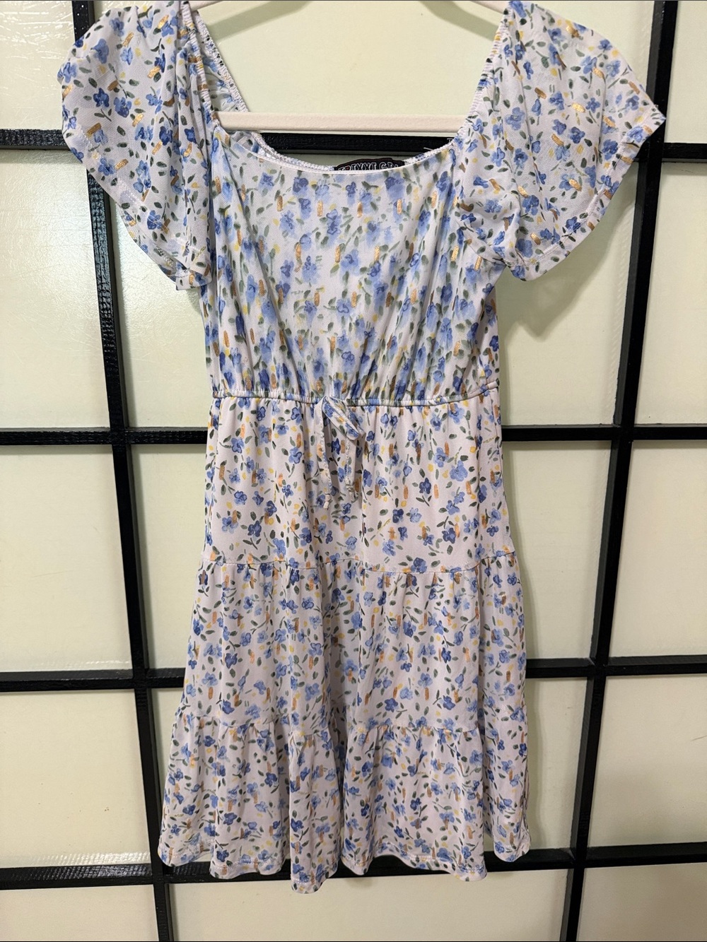 Girls' Floral Tie-Waist Puff Sleeve Dress - Light Blue